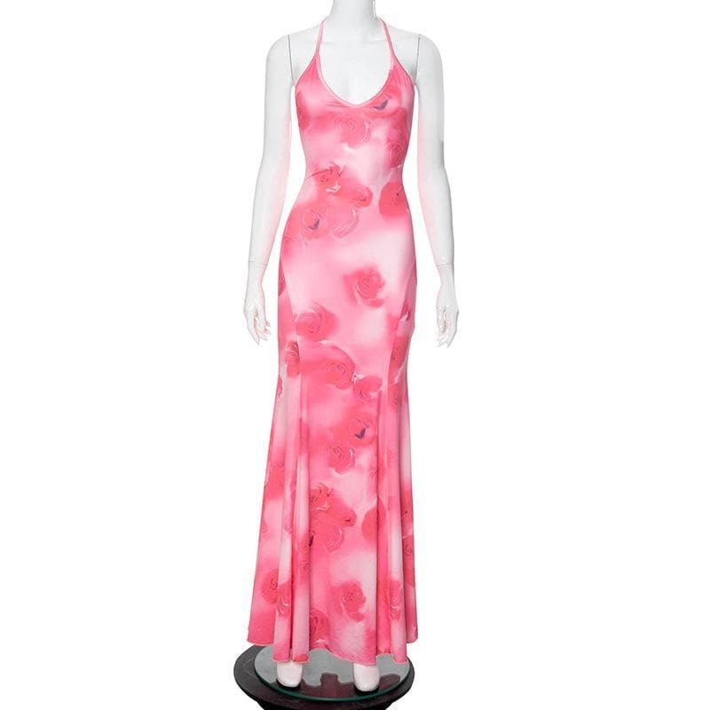 Y2K Aesthetic Halter Rose Print Backless Maxi Dress - Coquette & Grunge Style Vibes