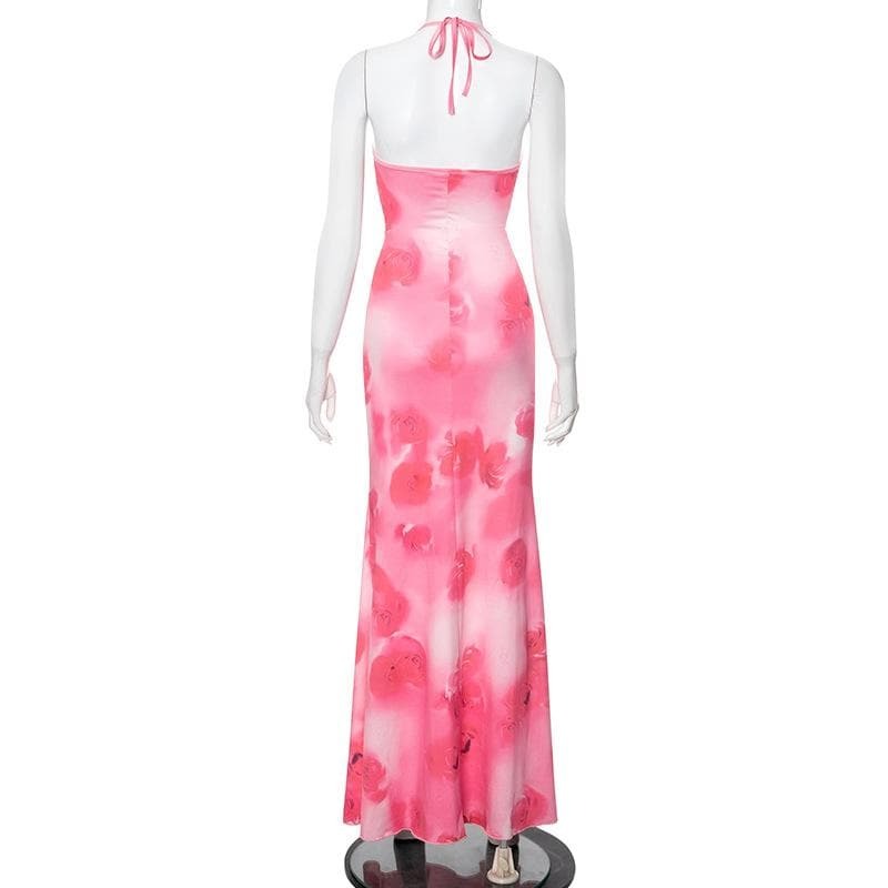 Y2K Aesthetic Halter Rose Print Backless Maxi Dress - Coquette & Grunge Style Vibes