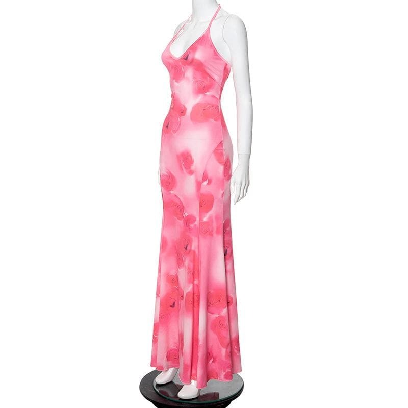 Y2K Aesthetic Halter Rose Print Backless Maxi Dress - Coquette & Grunge Style Vibes