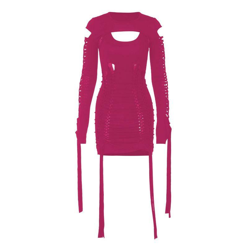 Y2K Aesthetic Hollow Out Long Sleeve Shrug & Ribbon U-Neck 2-Piece Dress for Cute Outfits