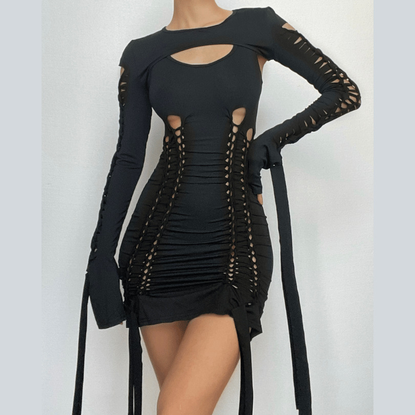 Y2K Aesthetic Hollow Out Long Sleeve Shrug & Ribbon U-Neck 2-Piece Dress for Cute Outfits