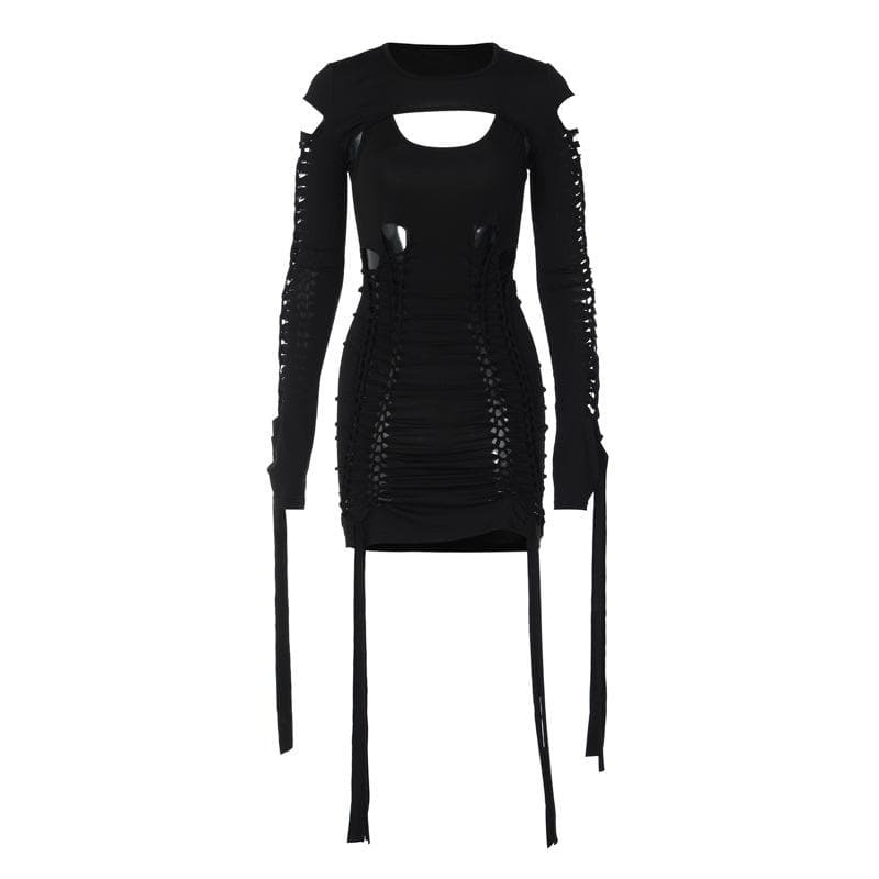 Y2K Aesthetic Hollow Out Long Sleeve Shrug & Ribbon U-Neck 2-Piece Dress for Cute Outfits
