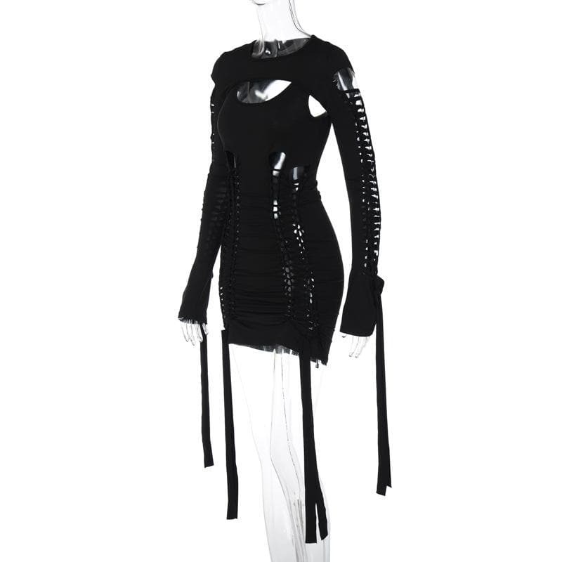 Y2K Aesthetic Hollow Out Long Sleeve Shrug & Ribbon U-Neck 2-Piece Dress for Cute Outfits