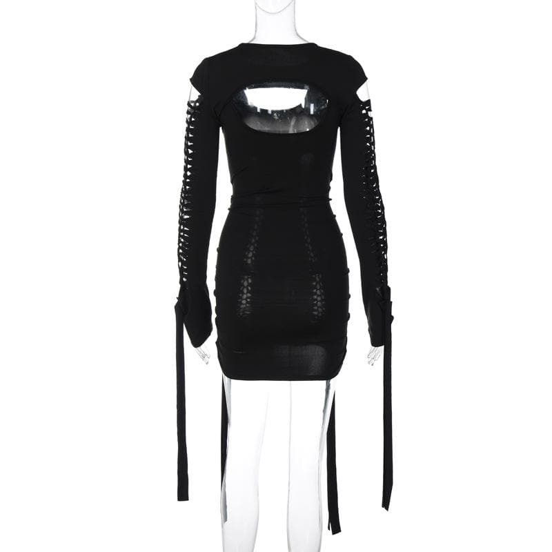 Y2K Aesthetic Hollow Out Long Sleeve Shrug & Ribbon U-Neck 2-Piece Dress for Cute Outfits