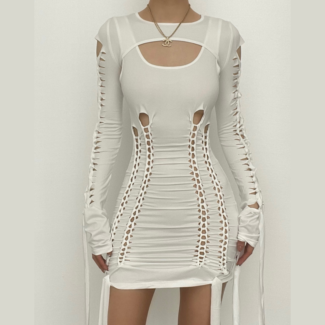 Y2K Aesthetic Hollow Out Long Sleeve Shrug & Ribbon U-Neck 2-Piece Dress for Cute Outfits