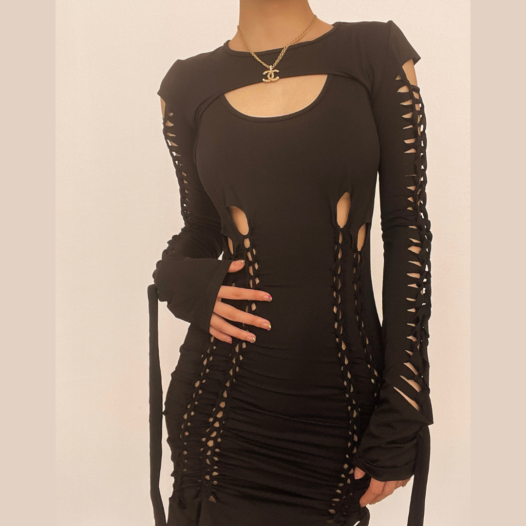 Y2K Aesthetic Hollow Out Long Sleeve Shrug & Ribbon U-Neck 2-Piece Dress for Cute Outfits