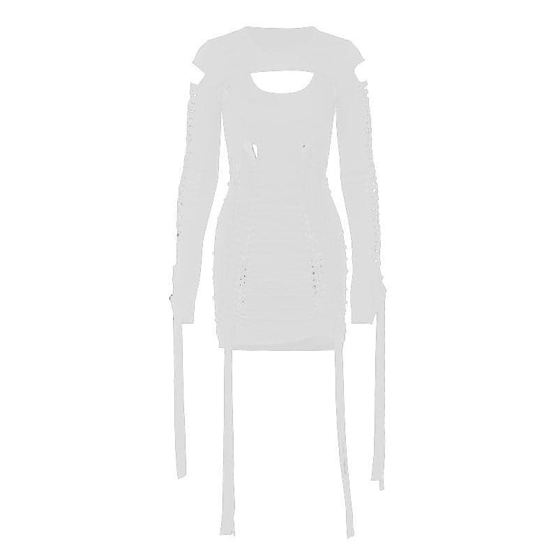 Y2K Aesthetic Hollow Out Long Sleeve Shrug & Ribbon U-Neck 2-Piece Dress for Cute Outfits