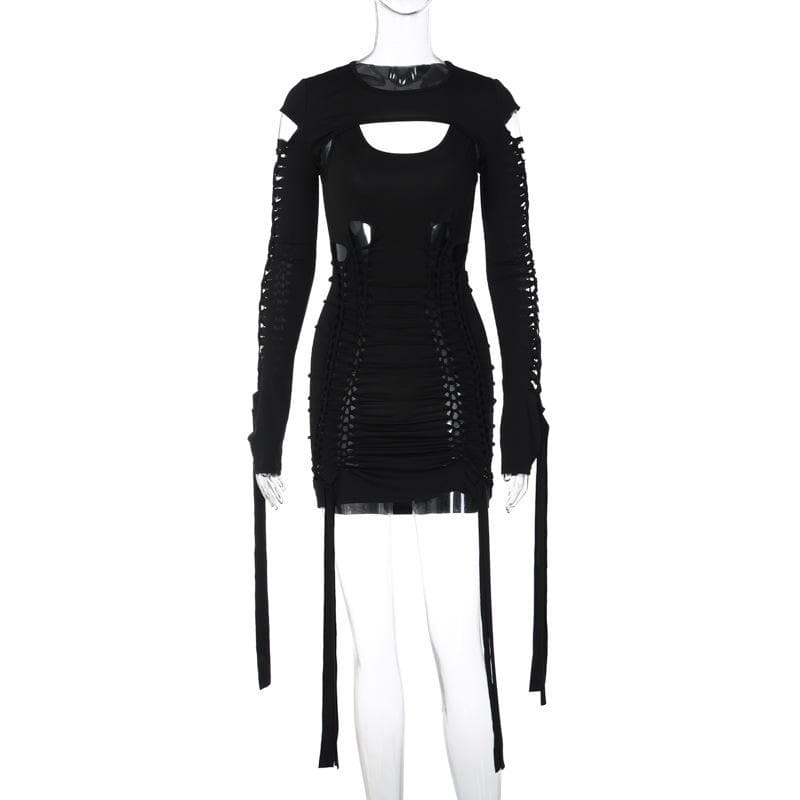 Y2K Aesthetic Hollow Out Long Sleeve Shrug & Ribbon U-Neck 2-Piece Dress for Cute Outfits