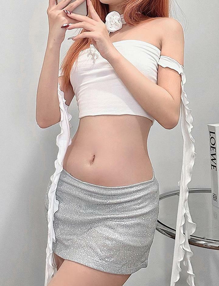 Y2K Aesthetic Irregular Flower Ribbon Strapless Crop Top - Cute Pastel Goth Style