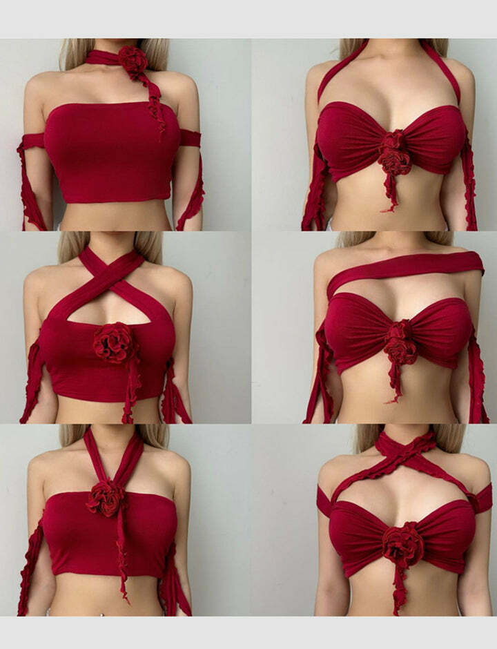 Y2K Aesthetic Irregular Flower Ribbon Strapless Crop Top - Cute Pastel Goth Style
