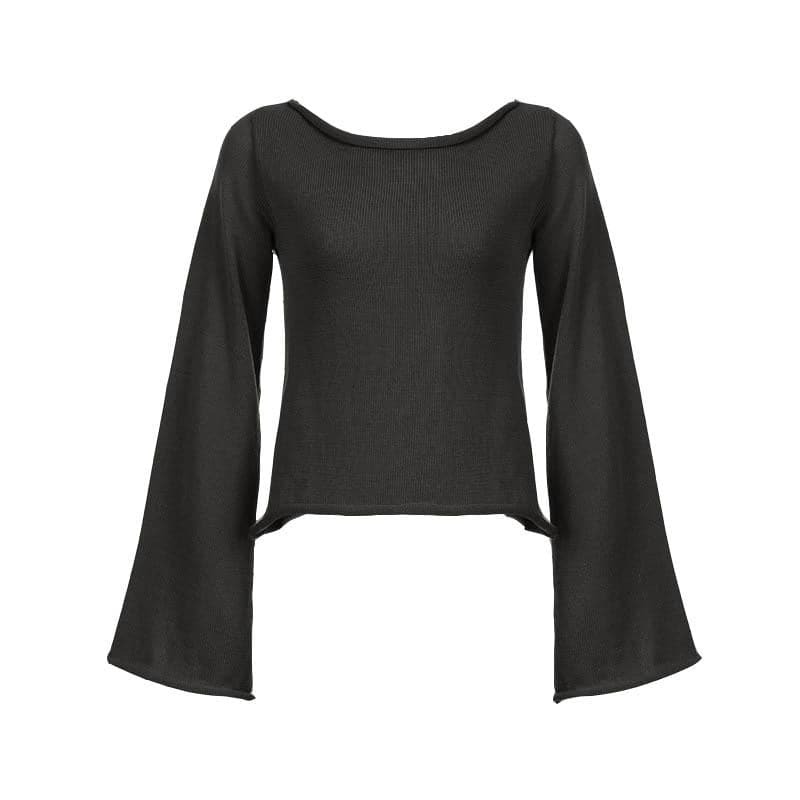 Y2K Aesthetic Knitted Backless Top with Flared Sleeves - Cute Coquette Style