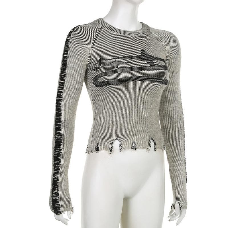 Y2K Aesthetic Knitted Contrast Long Sleeve Crewneck Top - Cute & Comfy for Grunge & Coquette Styles