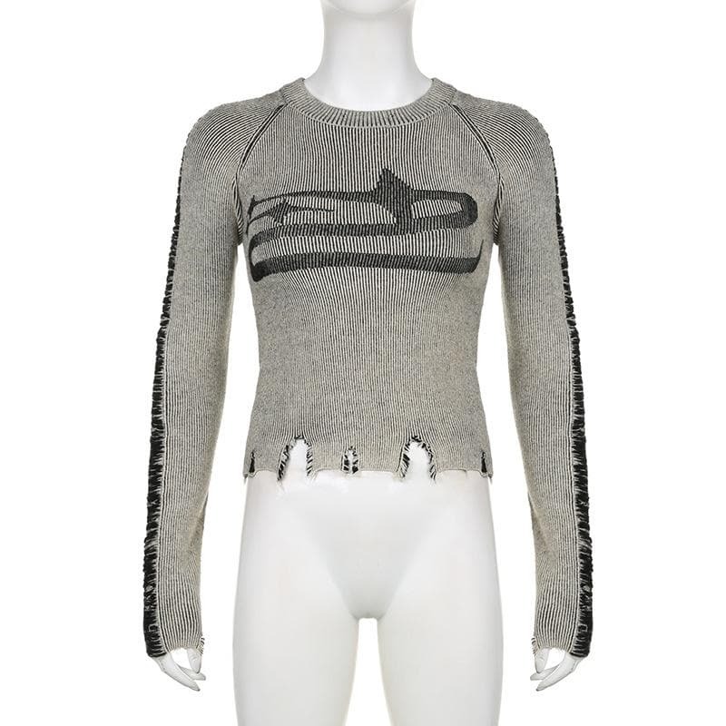 Y2K Aesthetic Knitted Contrast Long Sleeve Crewneck Top - Cute & Comfy for Grunge & Coquette Styles