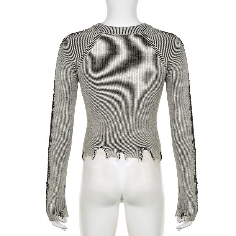 Y2K Aesthetic Knitted Contrast Long Sleeve Crewneck Top - Cute & Comfy for Grunge & Coquette Styles