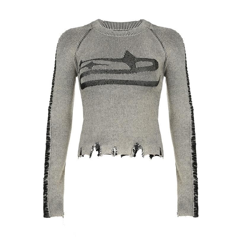 Y2K Aesthetic Knitted Contrast Long Sleeve Crewneck Top - Cute & Comfy for Grunge & Coquette Styles