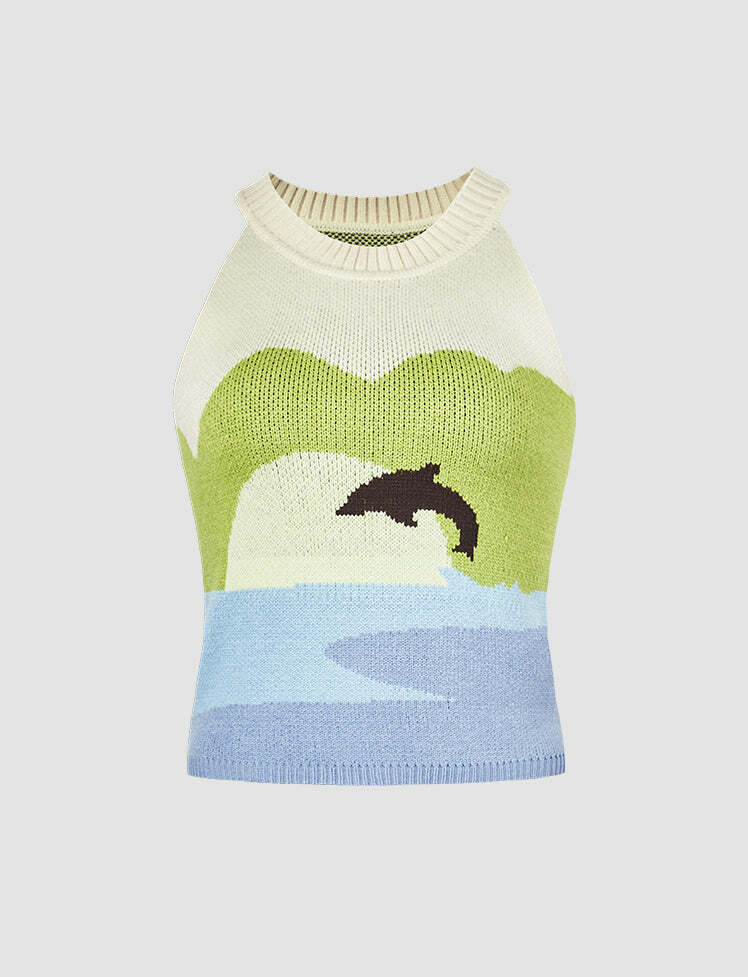 Y2K Aesthetic Knitted Halter Tank Top - Cute Crop Top for Coquette & Grunge Styles