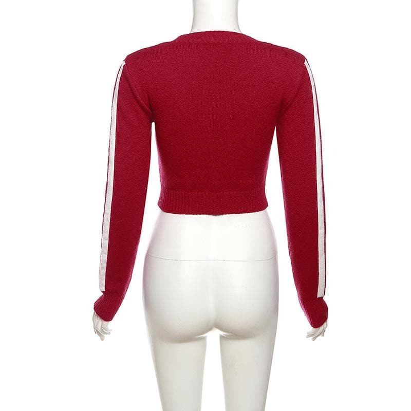 Y2K Aesthetic Knitted Long Sleeve Contrast Crewneck Top - Cute & Comfy for Grunge & Coquette Styles