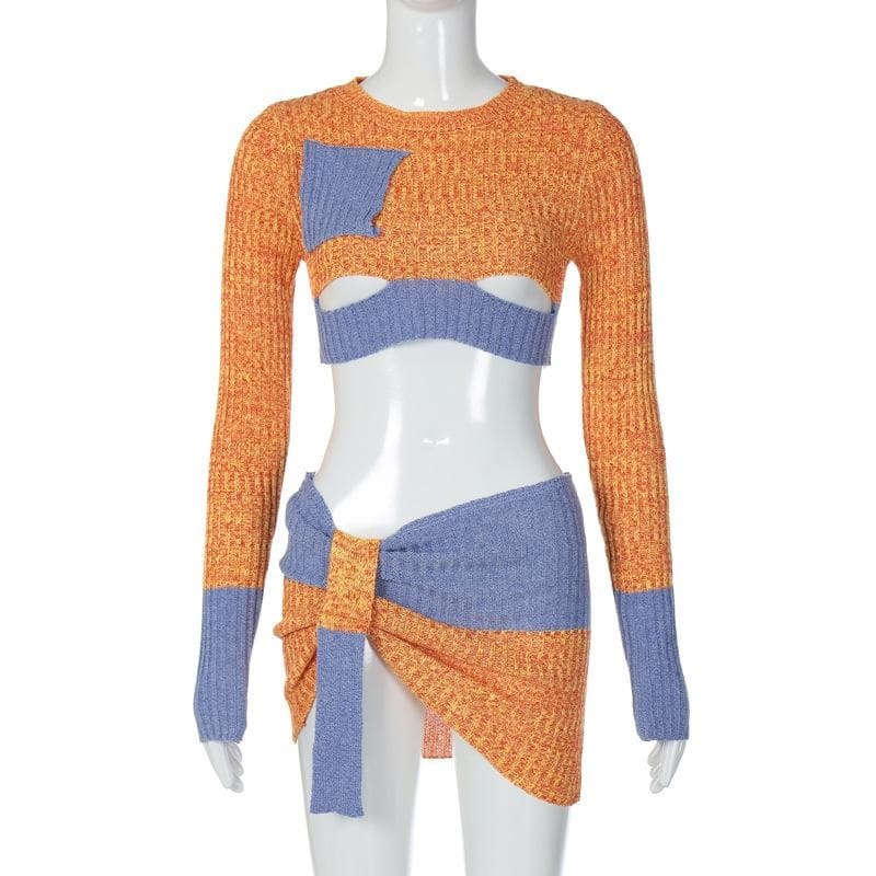 Y2K Aesthetic Knitted Patchwork Contrast Long Sleeve Top & Mini Skirt Set for Grunge Style
