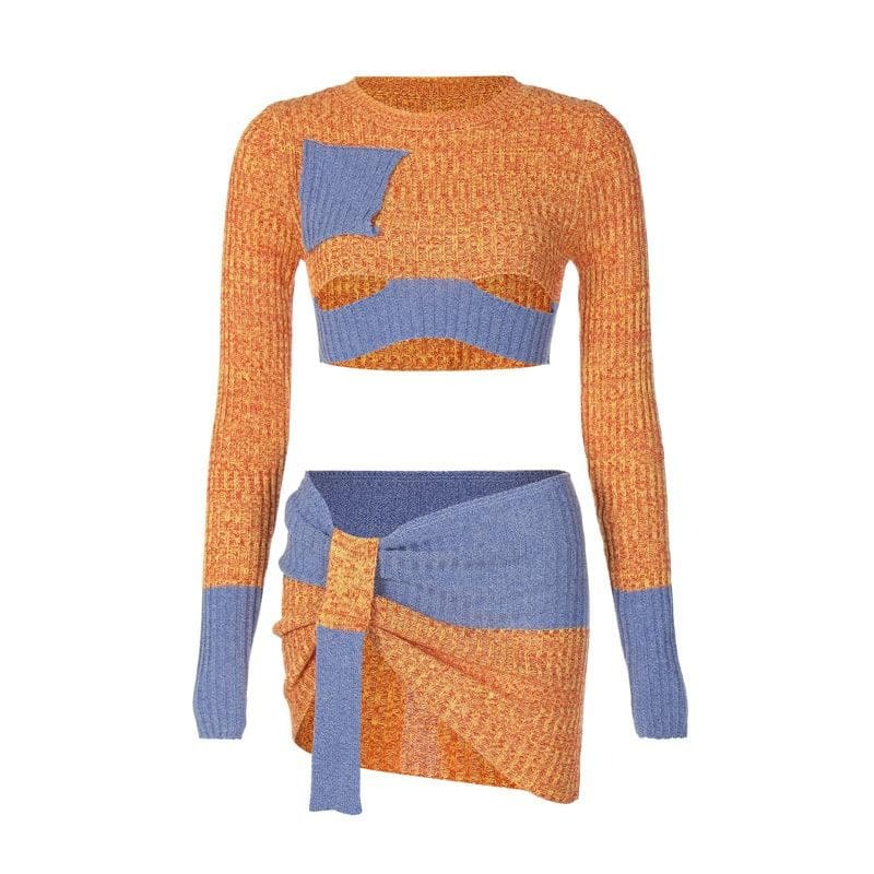 Y2K Aesthetic Knitted Patchwork Contrast Long Sleeve Top & Mini Skirt Set for Grunge Style
