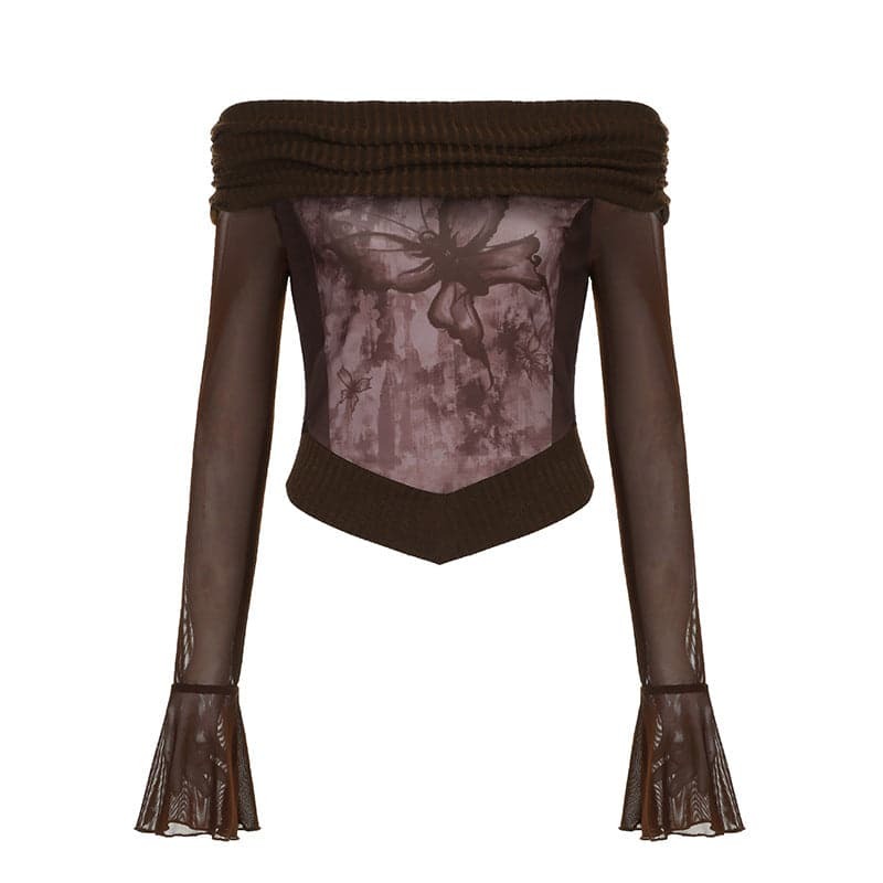 Y2K Aesthetic Knitted Patchwork Off-Shoulder Long Sleeve Top for Coquette & Grunge Styles
