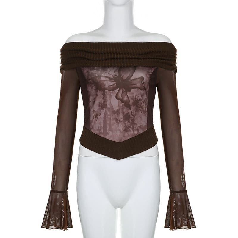 Y2K Aesthetic Knitted Patchwork Off-Shoulder Long Sleeve Top for Coquette & Grunge Styles