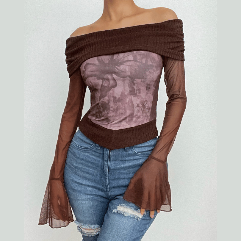 Y2K Aesthetic Knitted Patchwork Off-Shoulder Long Sleeve Top for Coquette & Grunge Styles
