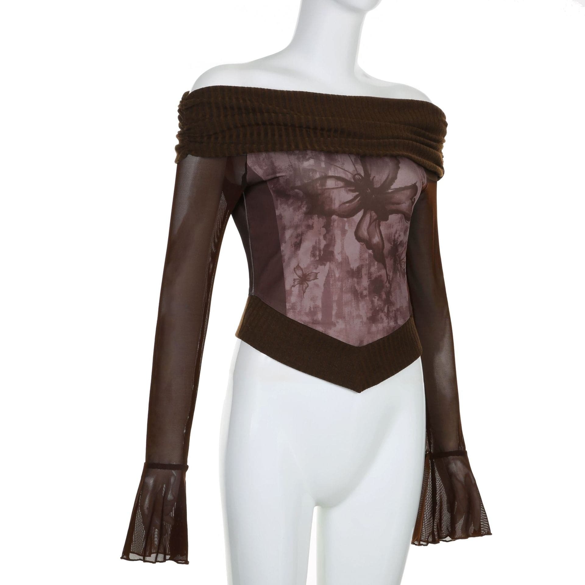 Y2K Aesthetic Knitted Patchwork Off-Shoulder Long Sleeve Top for Coquette & Grunge Styles