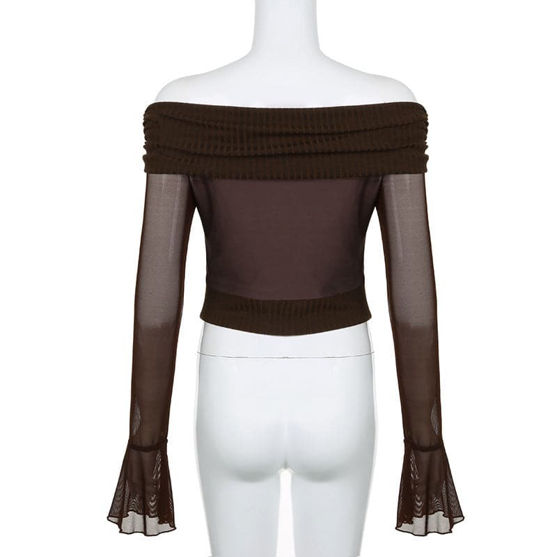 Y2K Aesthetic Knitted Patchwork Off-Shoulder Long Sleeve Top for Coquette & Grunge Styles