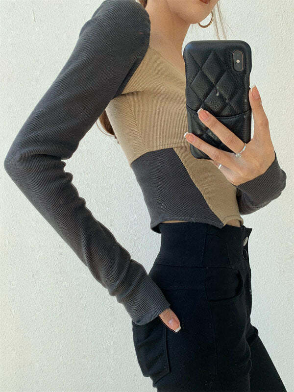 Y2K Aesthetic Knitted Patchwork Top - Cute Comfy Layering for Coquette & Grunge Styles