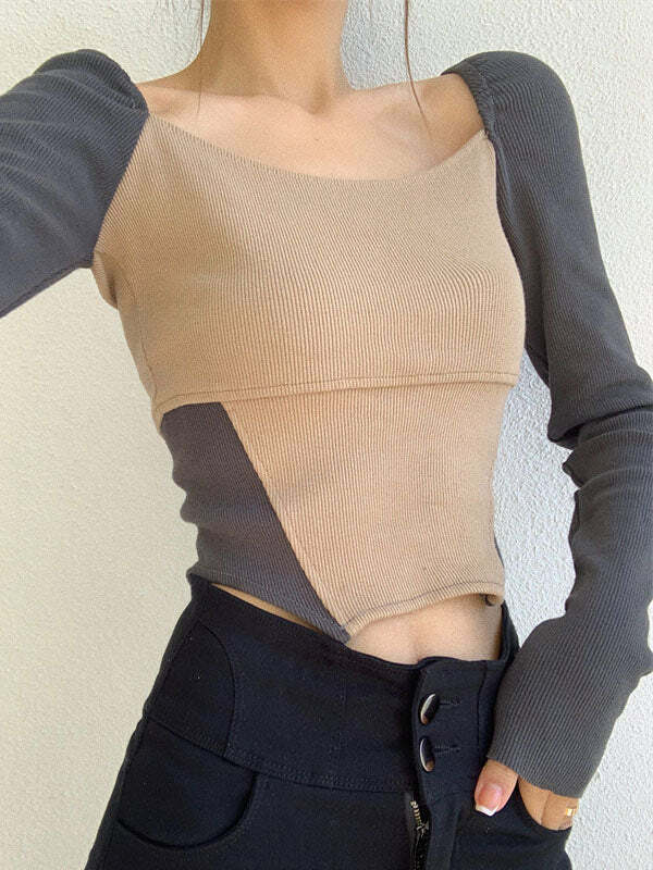 Y2K Aesthetic Knitted Patchwork Top - Cute Comfy Layering for Coquette & Grunge Styles