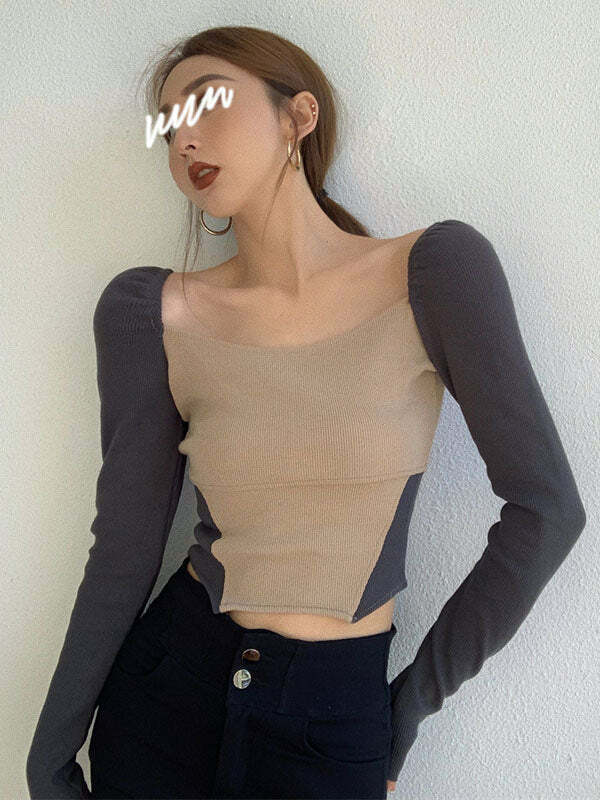 Y2K Aesthetic Knitted Patchwork Top - Cute Comfy Layering for Coquette & Grunge Styles