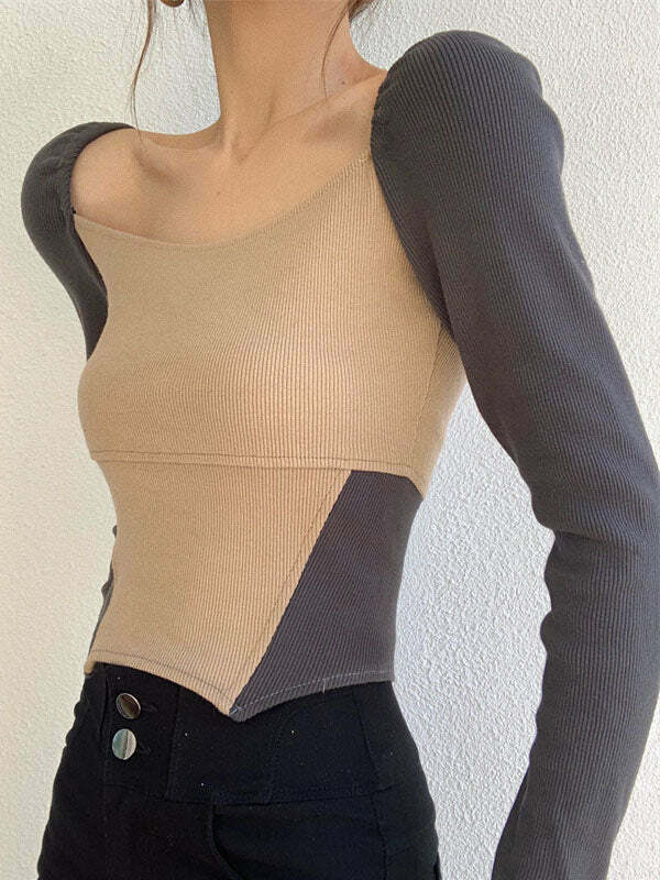 Y2K Aesthetic Knitted Patchwork Top - Cute Comfy Layering for Coquette & Grunge Styles