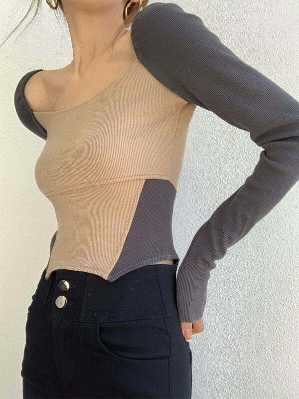 Y2K Aesthetic Knitted Patchwork Top - Cute Comfy Layering for Coquette & Grunge Styles