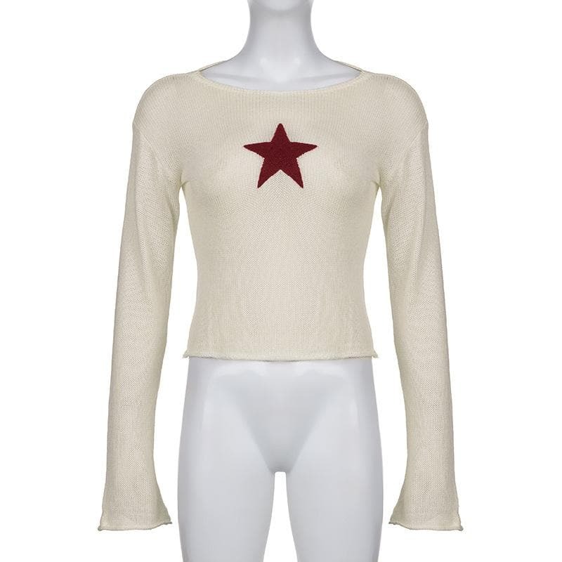 Y2K Aesthetic Knitted Star Pattern Long Sleeve Top - Cute Grunge & Coquette Style