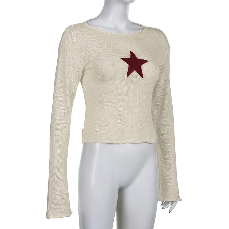 Y2K Aesthetic Knitted Star Pattern Long Sleeve Top - Cute Grunge & Coquette Style