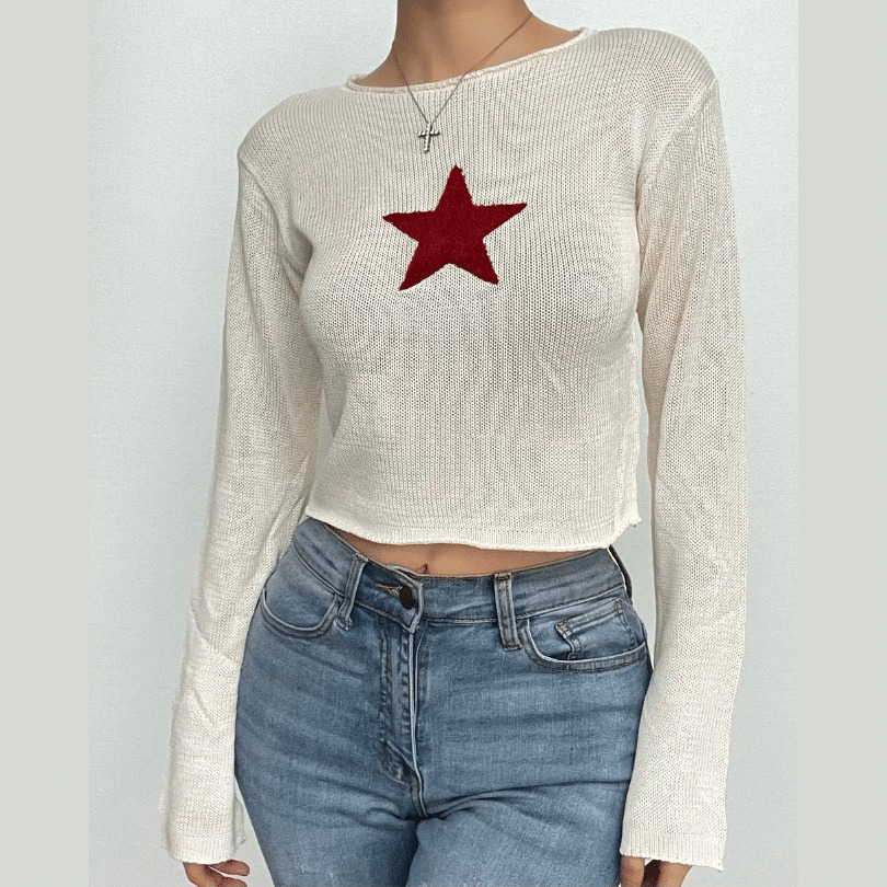 Y2K Aesthetic Knitted Star Pattern Long Sleeve Top - Cute Grunge & Coquette Style
