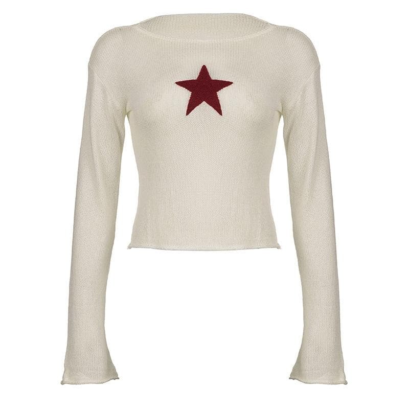 Y2K Aesthetic Knitted Star Pattern Long Sleeve Top - Cute Grunge & Coquette Style