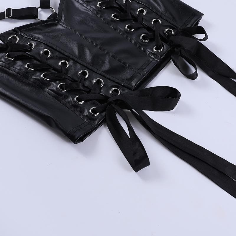Y2K Aesthetic Lace-Up O-Ring PU Leather Backless Crop Top for Grunge & Coquette Styles