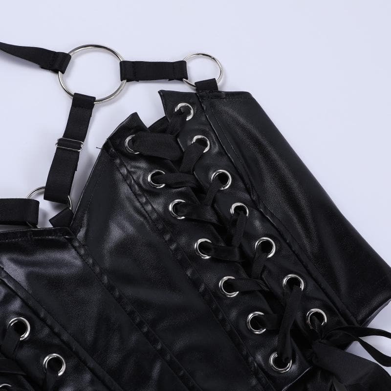 Y2K Aesthetic Lace-Up O-Ring PU Leather Backless Crop Top for Grunge & Coquette Styles
