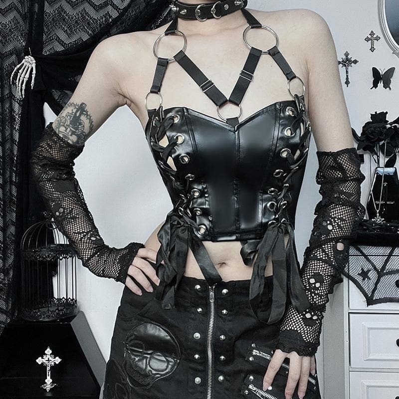 Y2K Aesthetic Lace-Up O-Ring PU Leather Backless Crop Top for Grunge & Coquette Styles