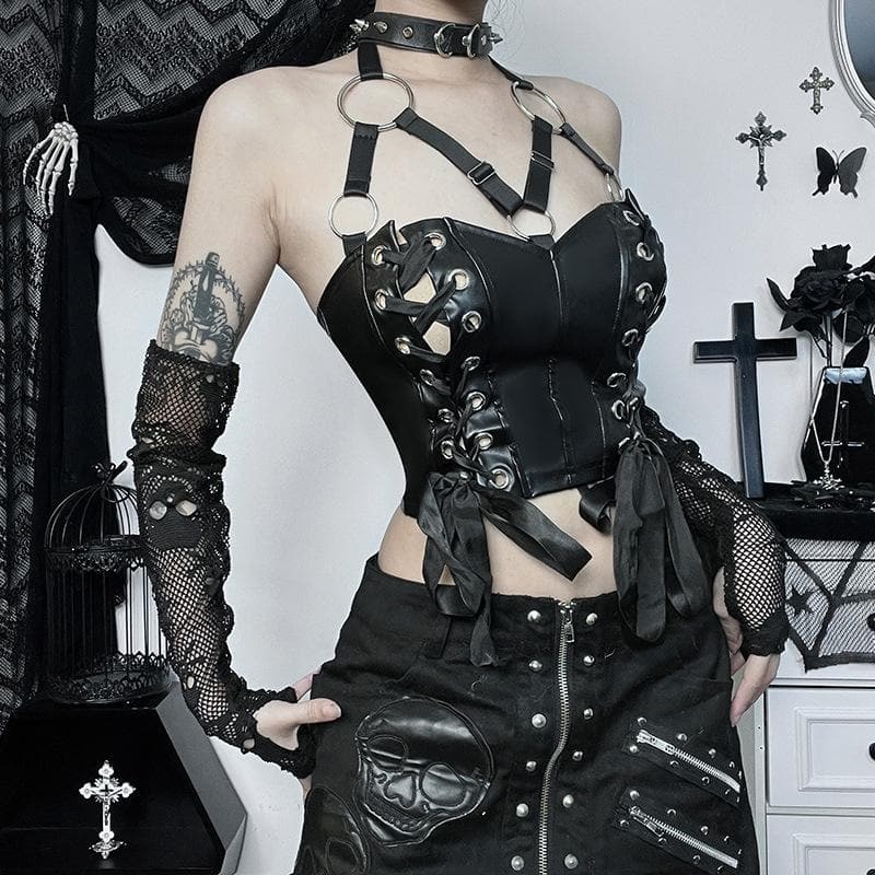 Y2K Aesthetic Lace-Up O-Ring PU Leather Backless Crop Top for Grunge & Coquette Styles