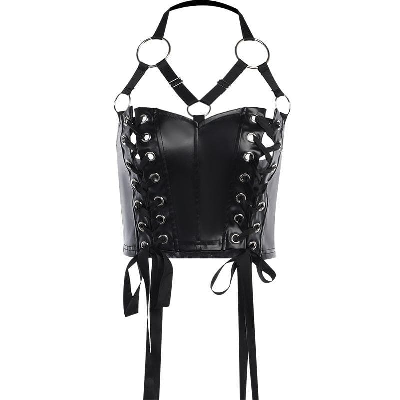 Y2K Aesthetic Lace-Up O-Ring PU Leather Backless Crop Top for Grunge & Coquette Styles
