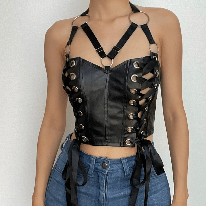 Y2K Aesthetic Lace-Up O-Ring PU Leather Backless Crop Top for Grunge & Coquette Styles