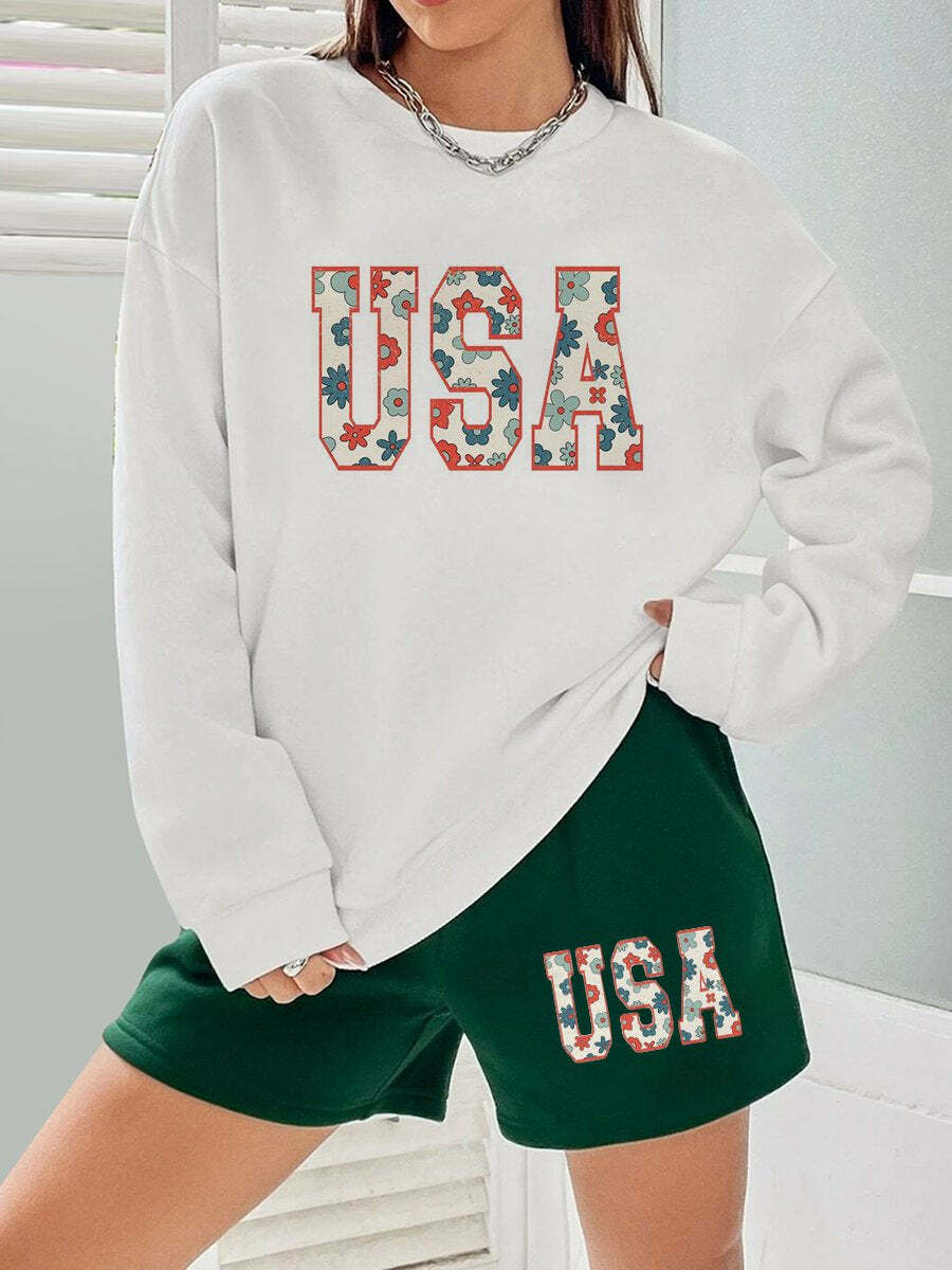 Y2K Aesthetic Letter Print Round Neck Sweatshirt & Shorts Set - Comfy Coquette Style