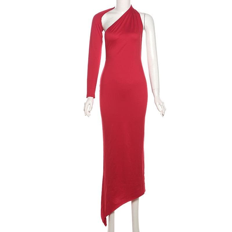Y2K Aesthetic Long Sleeve Halter Maxi Dress - Irregular One Shoulder for Grunge & Coquette Style