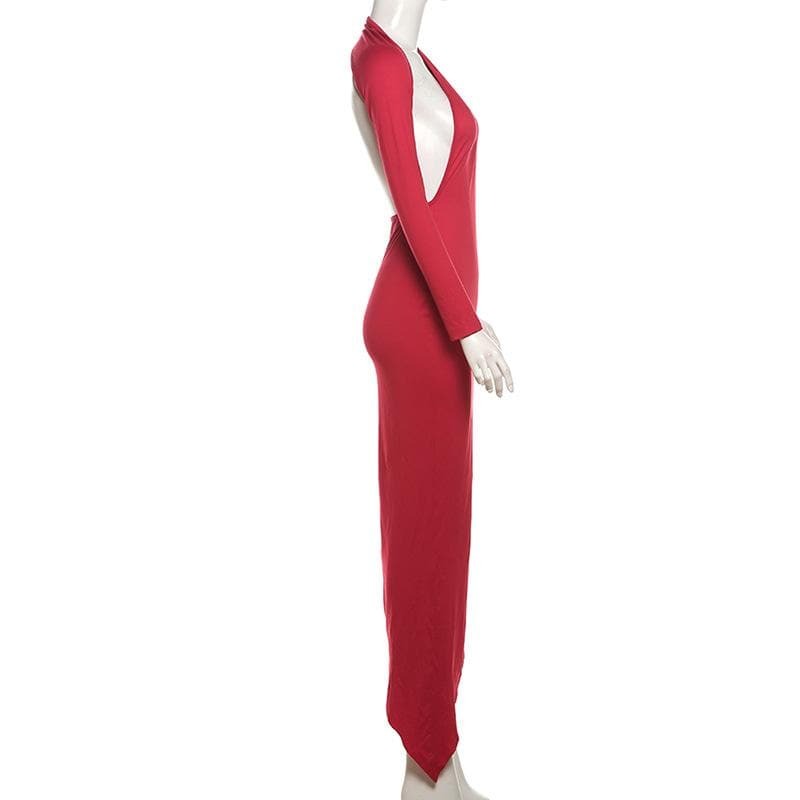 Y2K Aesthetic Long Sleeve Halter Maxi Dress - Irregular One Shoulder for Grunge & Coquette Style