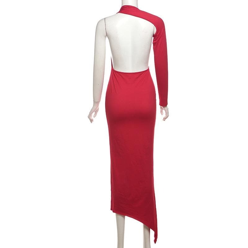 Y2K Aesthetic Long Sleeve Halter Maxi Dress - Irregular One Shoulder for Grunge & Coquette Style