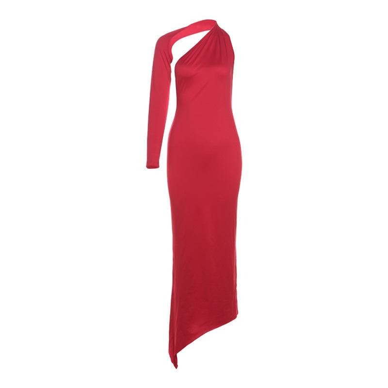 Y2K Aesthetic Long Sleeve Halter Maxi Dress - Irregular One Shoulder for Grunge & Coquette Style