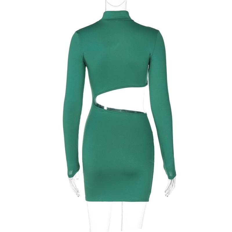 Y2K Aesthetic Long Sleeve High Neck Cut-Out Mini Dress - Grunge & Coquette Style