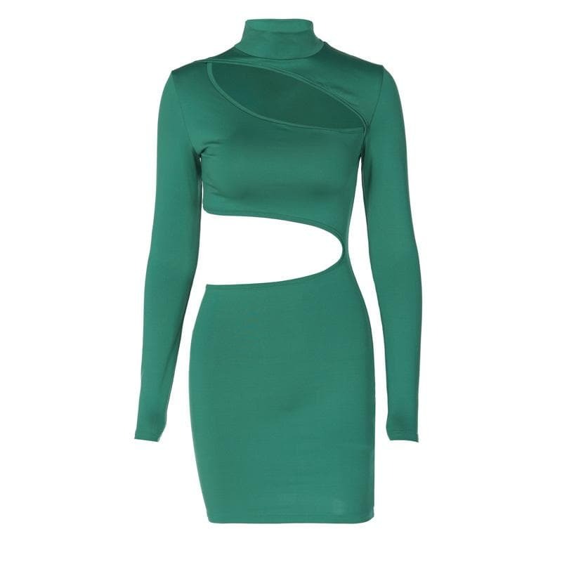Y2K Aesthetic Long Sleeve High Neck Cut-Out Mini Dress - Grunge & Coquette Style
